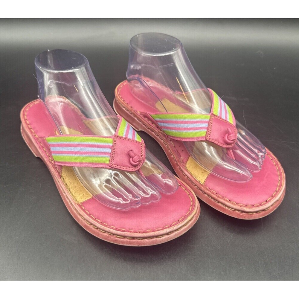 BORN Women’s PINK Leather‎ w/ Stripes FlipFlop Slip On Flat Sandals Sz 8-8.5
